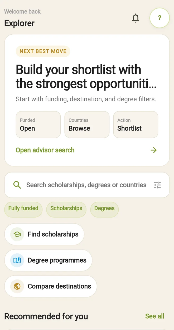 The Exchange Programmes mobile app home screen: a welcome header, a "next best move" card prompting the user to build a shortlist by funding, destination and degree, a search bar for scholarships, degrees and countries, and shortcuts to find scholarships, browse degree programmes and compare destinations.