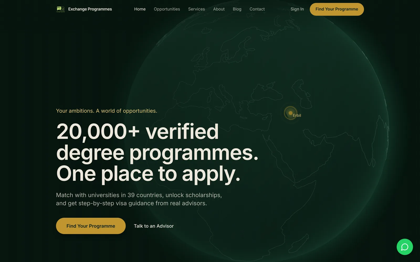 The Exchange Programmes homepage: a dark globe centred on Erbil, headlined with its catalogue of verified degree programmes and calls to find a programme or talk to an advisor.
